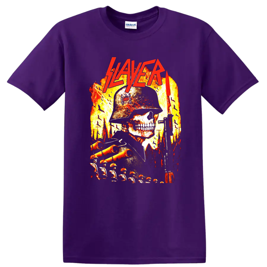 Slayer skull soldier graphic with flames, rifle, battlefield, and red logo on a Purple T Shirt