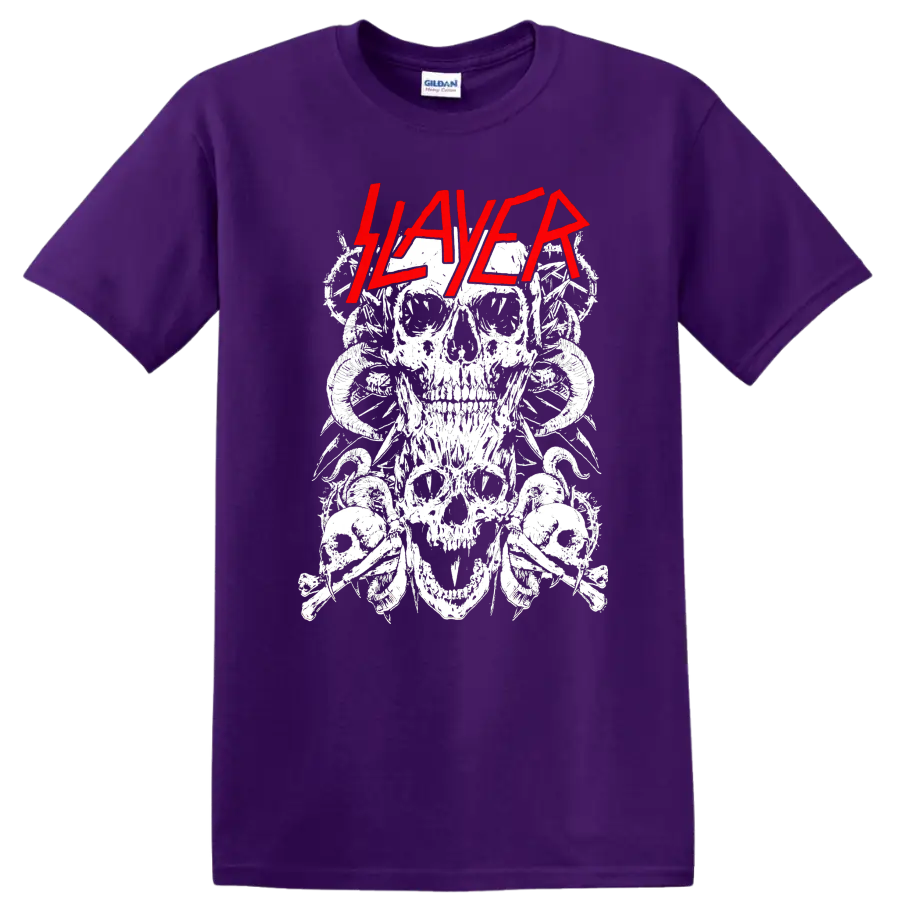Slayer red logo over distressed white skull collage in heavy metal line-art style on a Purple T Shirt