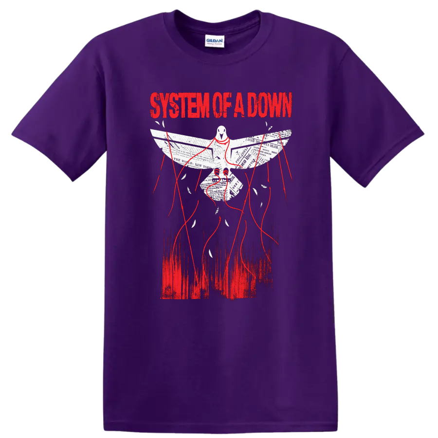 System of a Down distressed dove with newspaper wings, red threads, and bold red lettering on a Purple T Shirt