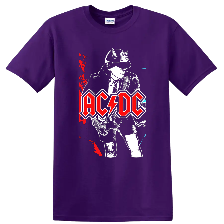 Angus Young guitar illustration with distressed AC/DC logo and concert poster accents on a Purple T Shirt