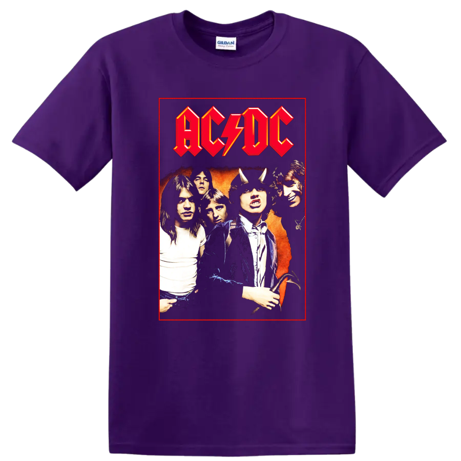 AC/DC band portrait with Angus Young devil horns and red lightning logo on a Purple T Shirt