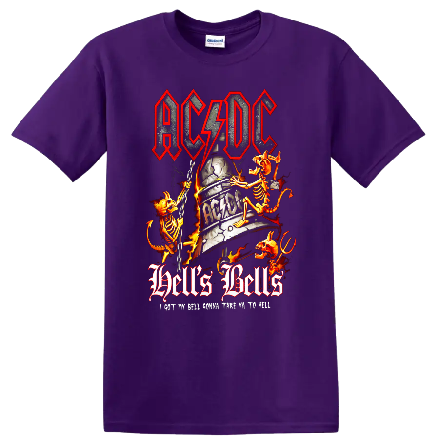AC/DC Hell's Bells cracked bell with flaming skeletons, chains, lightning, and flames on a Purple T Shirt
