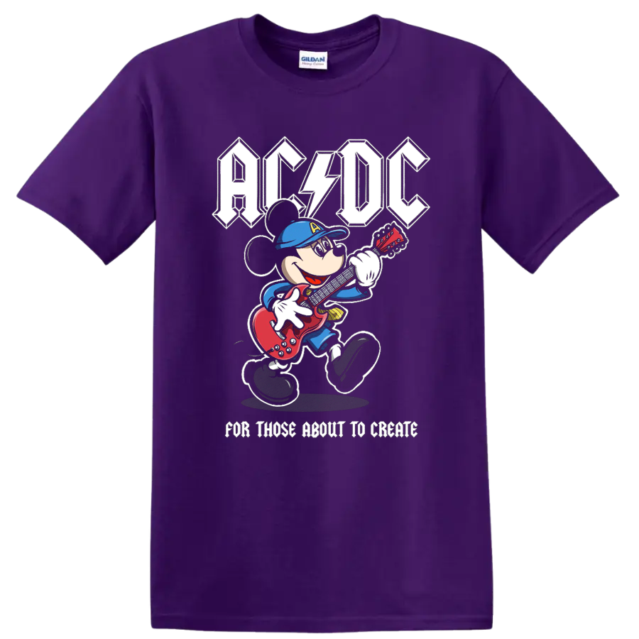 Mickey Mouse playing red electric guitar beneath AC/DC lettering in distressed rock art on a Purple T Shirt