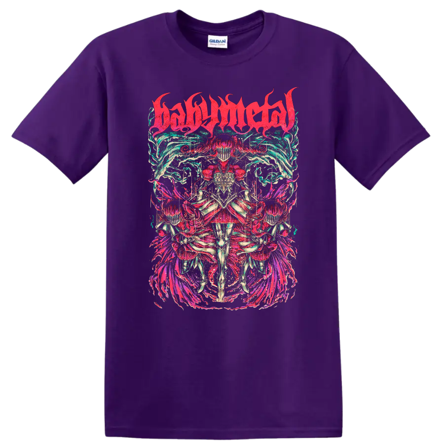 BABYMETAL neon fantasy warrior graphic with mirrored armored figures and flame motifs on a Purple T Shirt