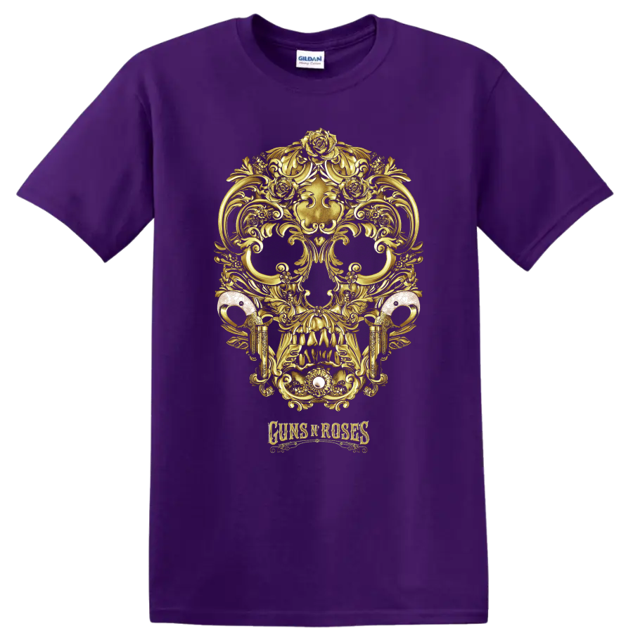 Guns N Roses gold skull with roses and ornate gothic baroque scrollwork on a Purple T Shirt