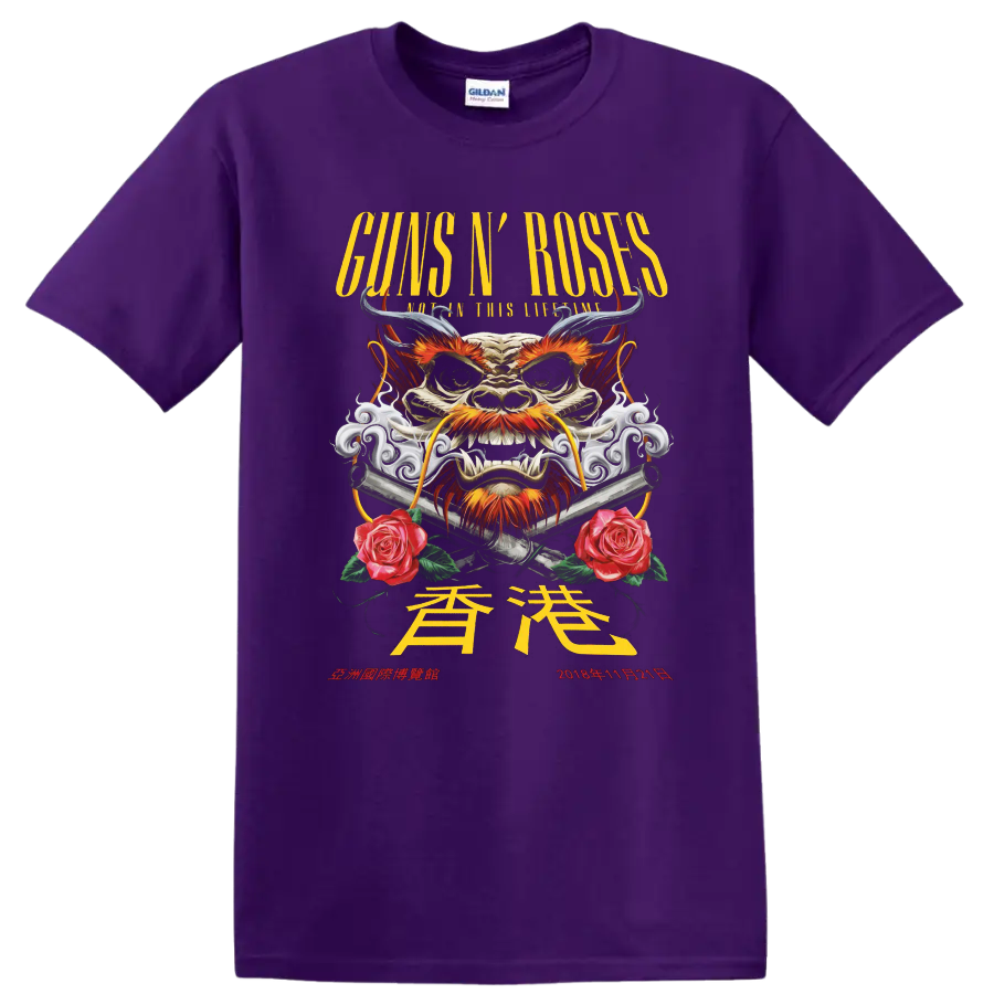 Guns N' Roses Hong Kong 2018 horned dragon, crossed pistols, smoke and roses graphic on a Purple T Shirt
