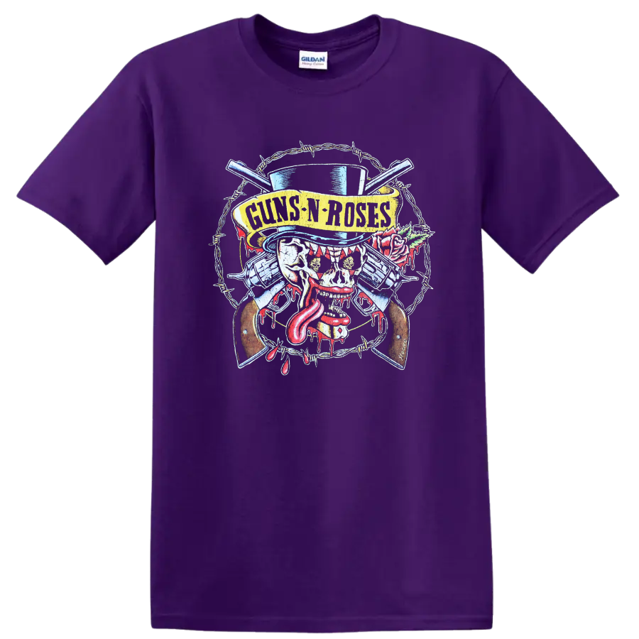 Guns N Roses distressed skull, crossed guns, barbed wire, rose, and top hat rock artwork on a Purple T Shirt