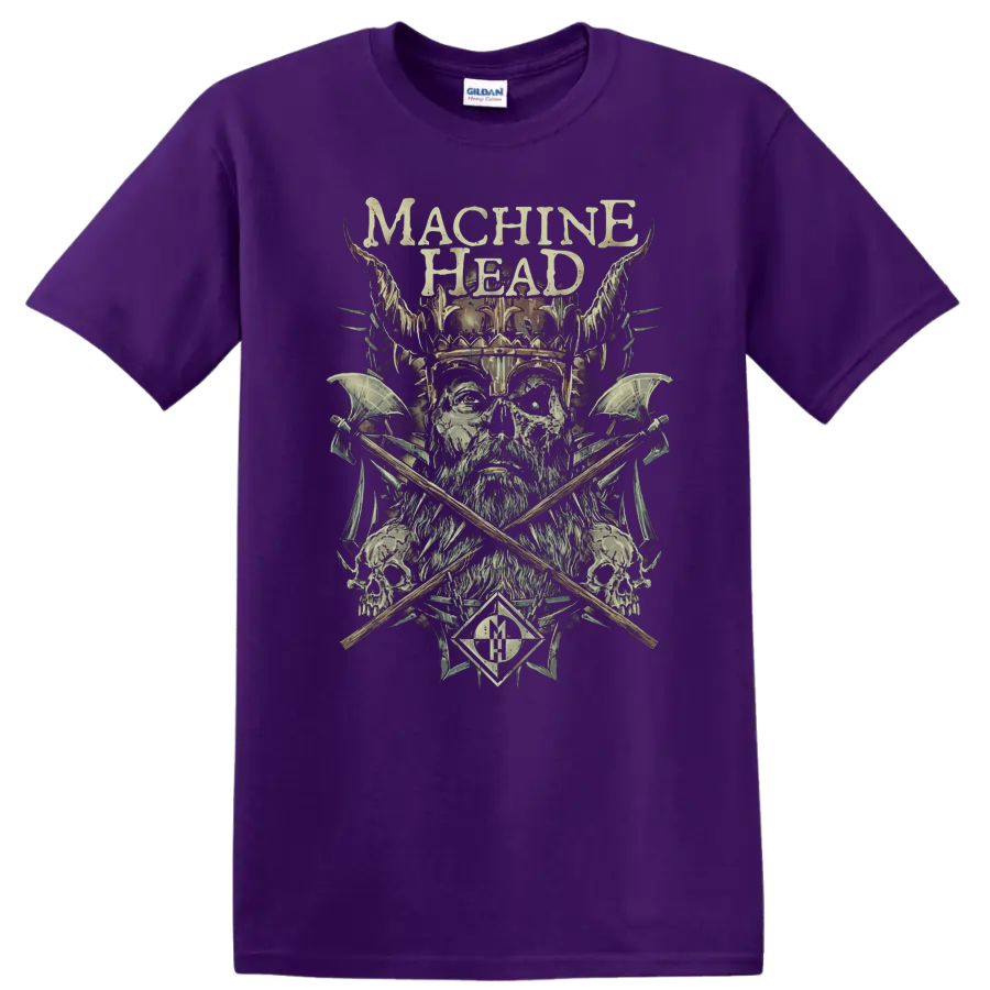 Machine Head skull warrior with horned helmet, crossed axes, skulls, and distressed on a Purple T Shirt