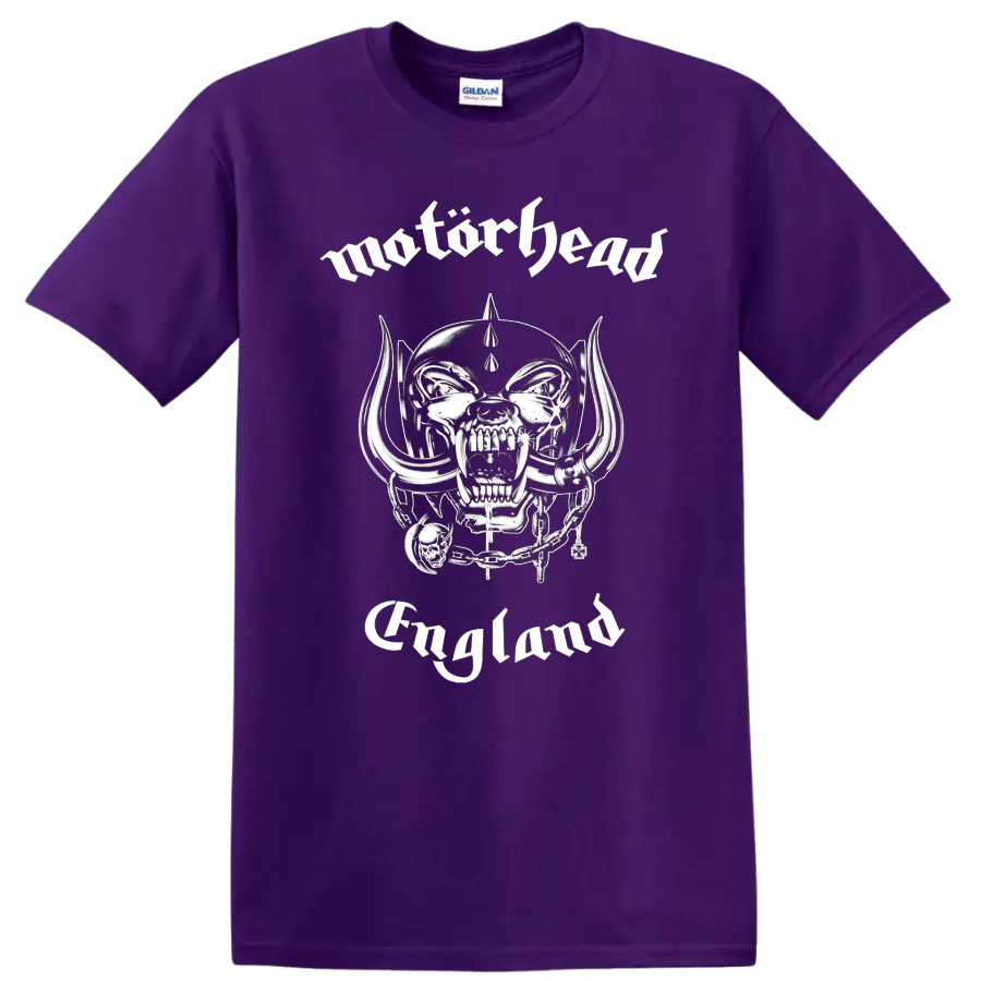 Motörhead Snaggletooth Warpig skull with tusks, chain, helmet, and England lettering on a Purple T Shirt