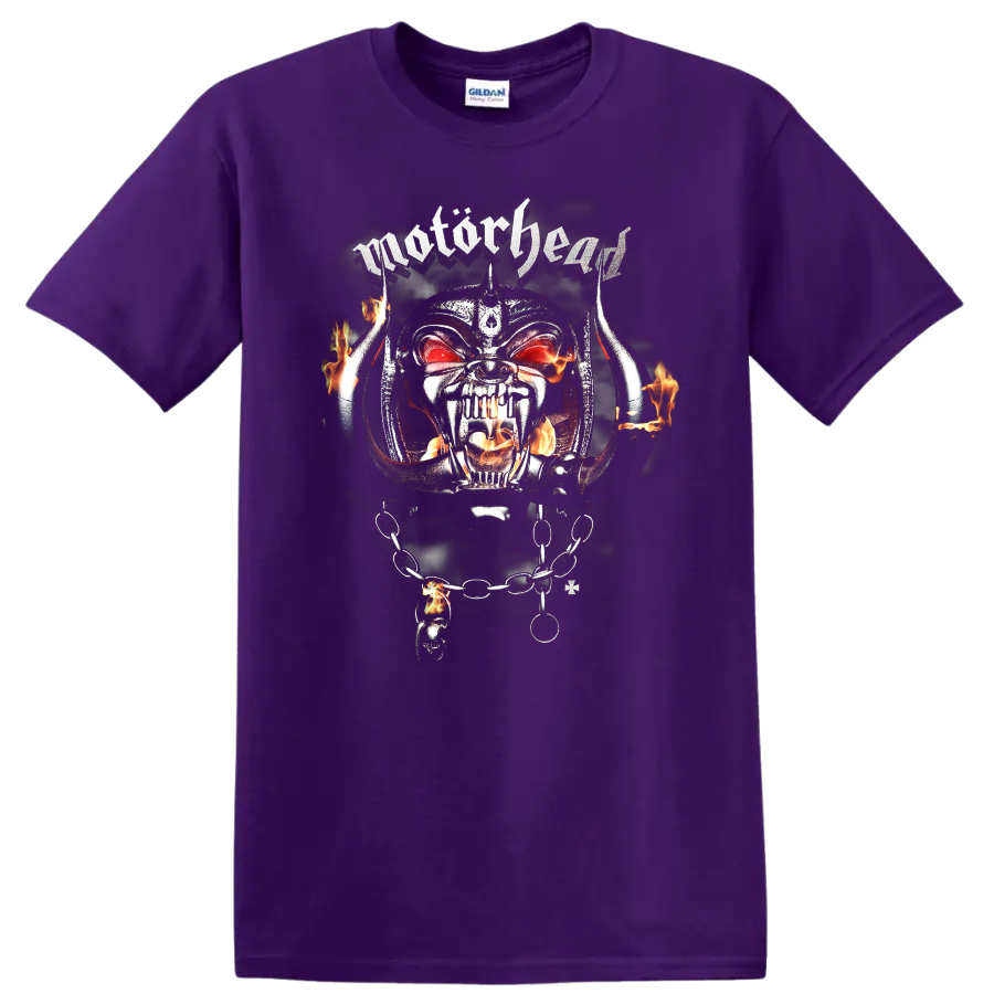 Motörhead Snaggletooth Warpig skull with flames, horns, chains, and red eyes on a Purple T Shirt