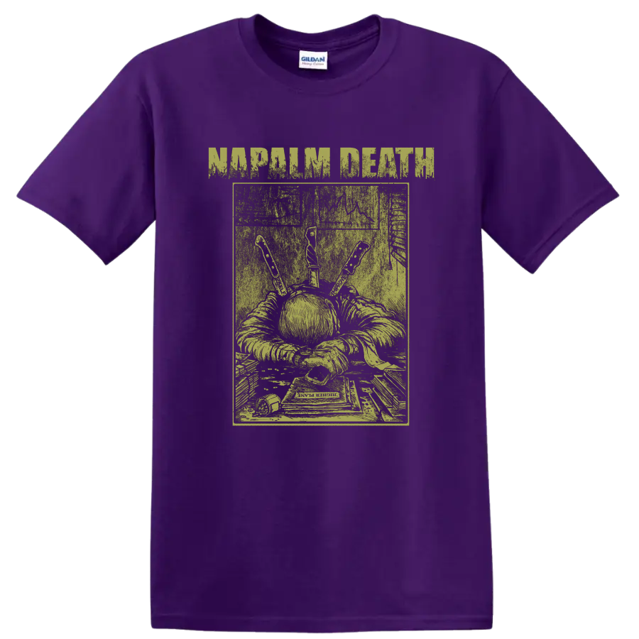 Napalm Death distressed grindcore artwork with grim figure, book, and knife-like tools on a Purple T Shirt