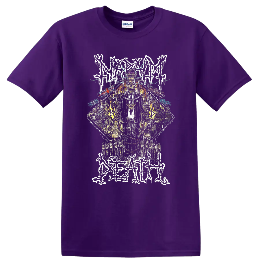 Napalm Death Scum skull figure with lightning and distressed metal linework on a Purple T Shirt