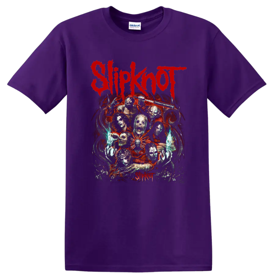 Slipknot masked band horror collage with red logo, flames, and eerie blue hands on a Purple T Shirt