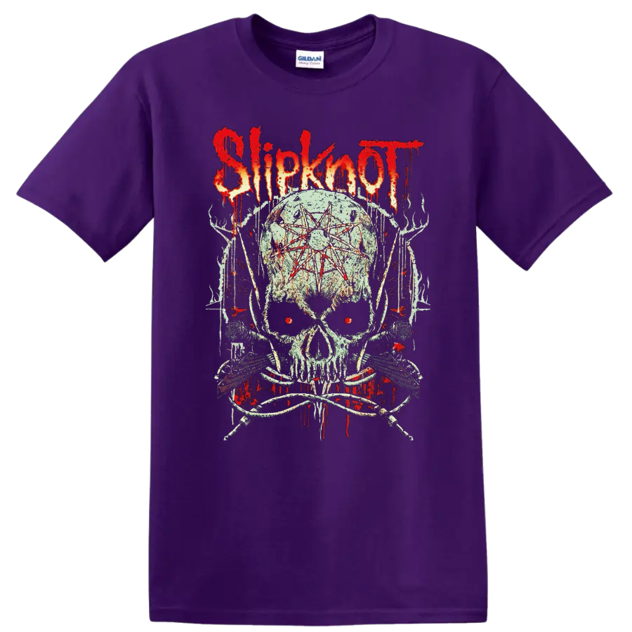 Slipknot skull graphic with red eyes, forehead symbol, dripping red flames, and dark on a Purple T Shirt