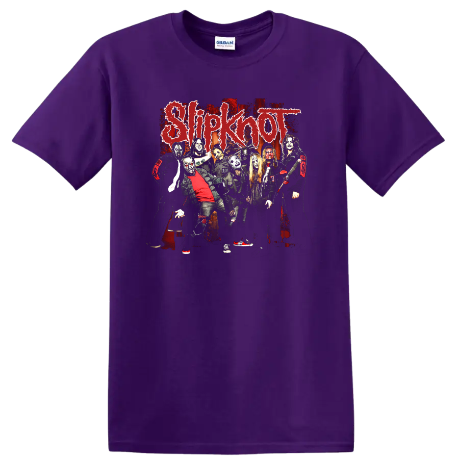Slipknot masked band photo collage with distressed red logo and dark rock artwork on a Purple T Shirt