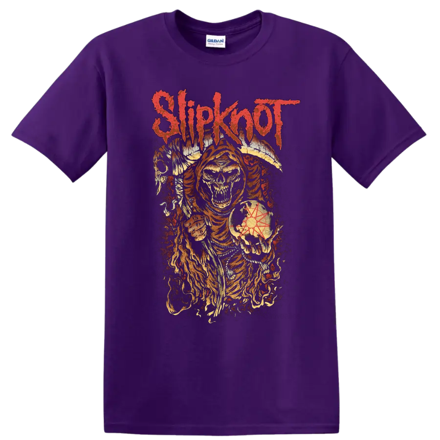 Slipknot distressed hooded skull with winged horror art and symbolic globe on a Purple T Shirt