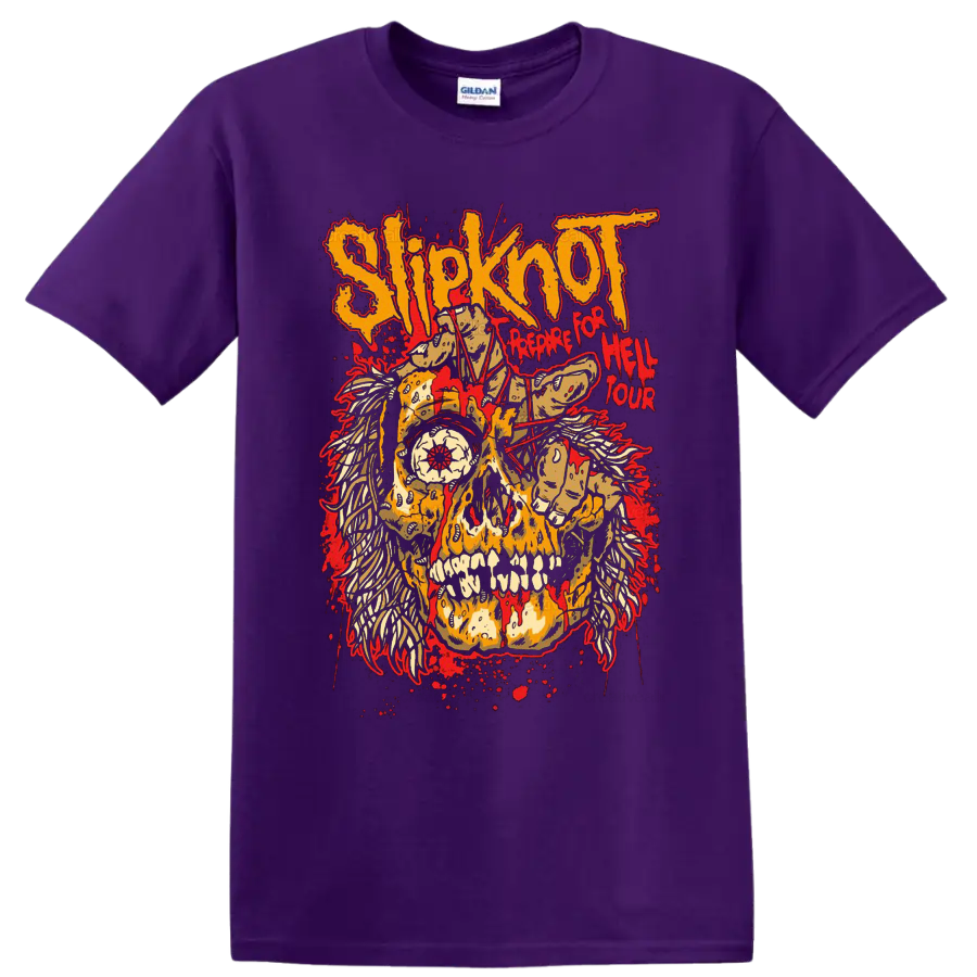 Slipknot Prepare for Hell Tour distressed skull, flames, skeletal hands, and red splatter on a Purple T Shirt