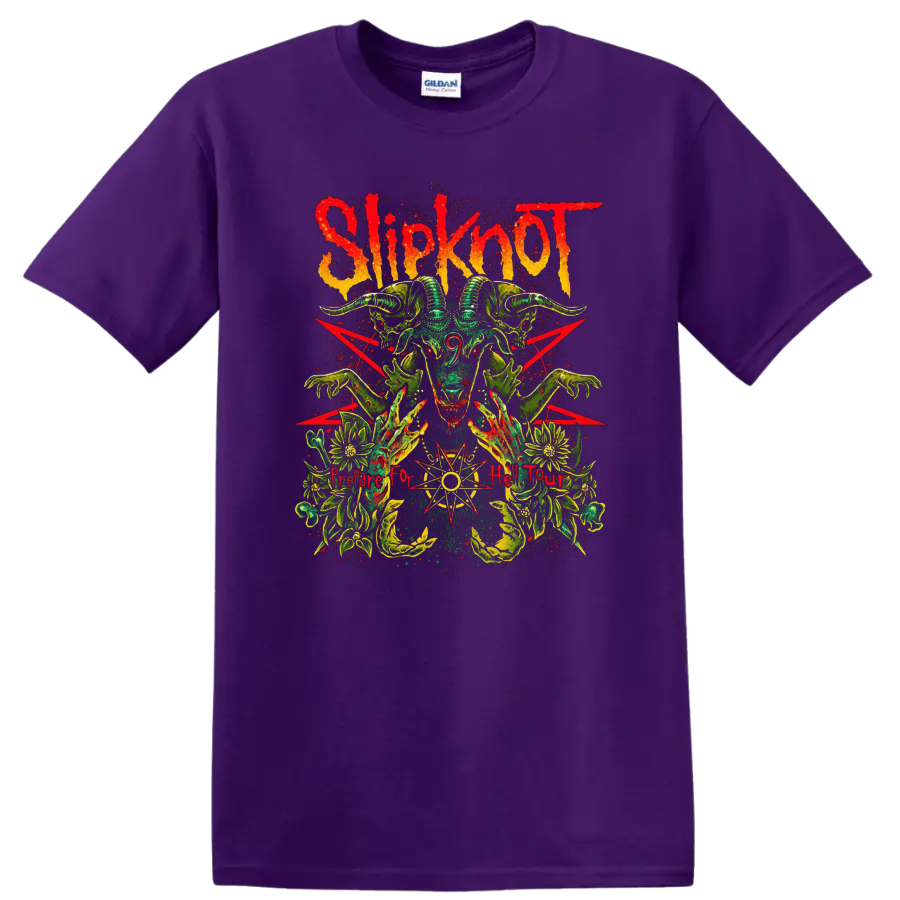 Slipknot Prepare for Hell Tour horned goat skull with occult-style grunge artwork on a Purple T Shirt