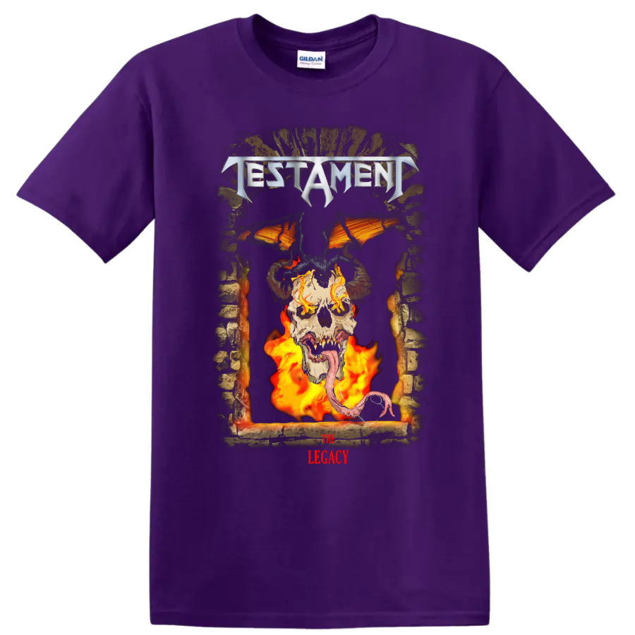 Testament The Legacy horned skull, bat wings, demon silhouette, and flames metal artwork on a Purple T Shirt