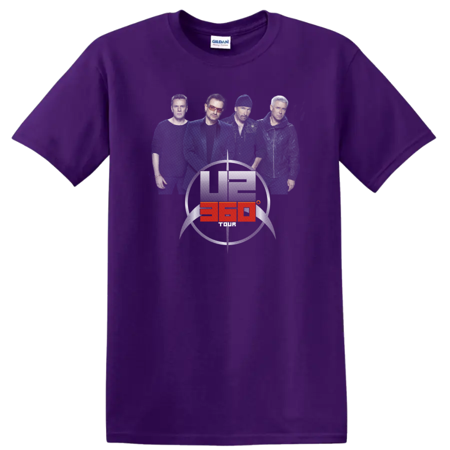 U2 360° Tour band portrait with circular stadium emblem and red accent on a Purple T Shirt