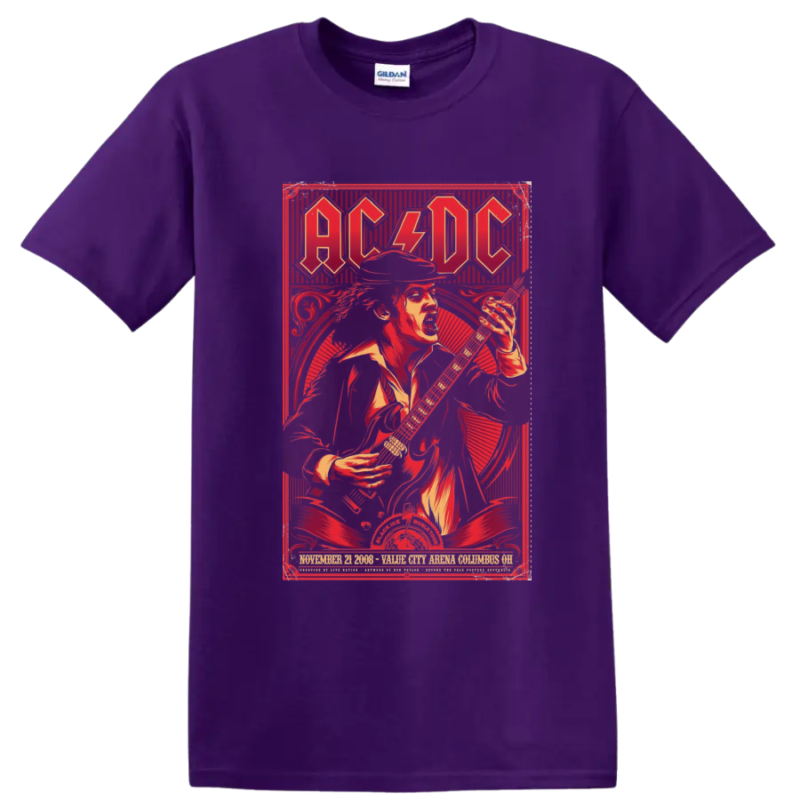 AC/DC Black Ice World Tour poster art with Angus Young playing electric guitar on a Purple T Shirt