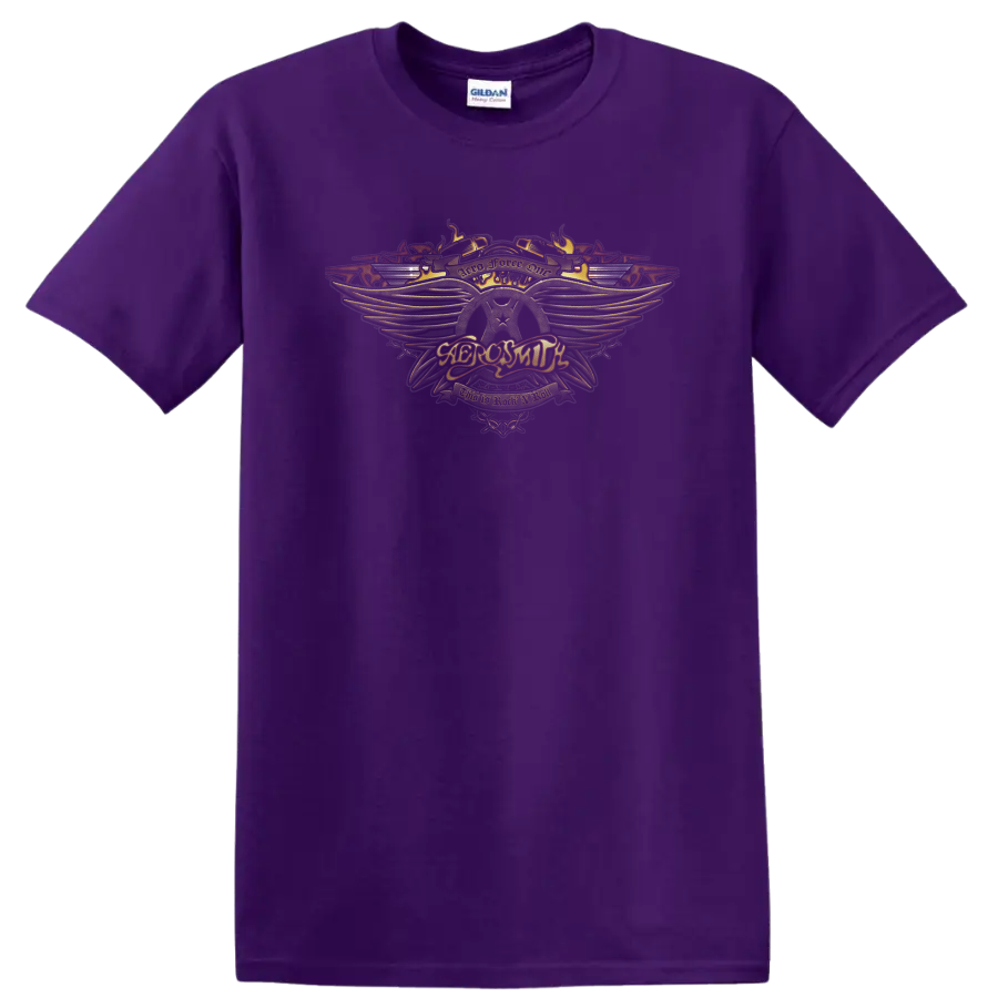 Aerosmith Aero Force One winged crest in ornate vintage rock style on a Purple T Shirt