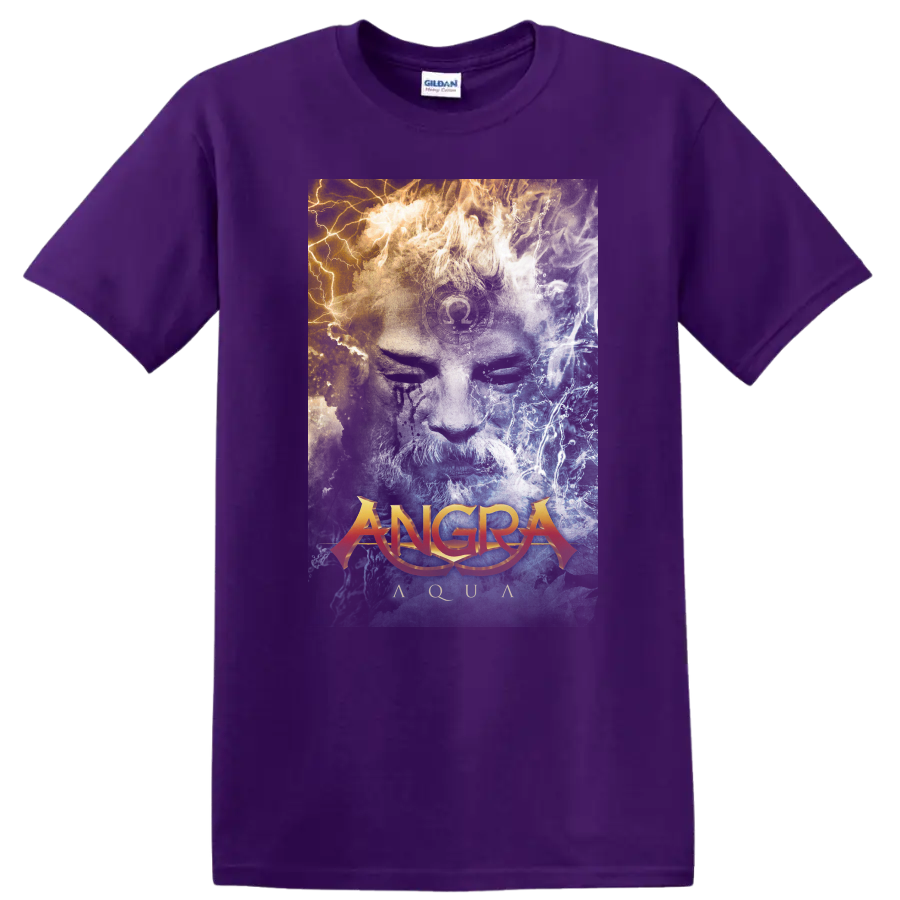 Angra Aqua album art with blue water textures, gold light, and orange logo on a Purple T Shirt
