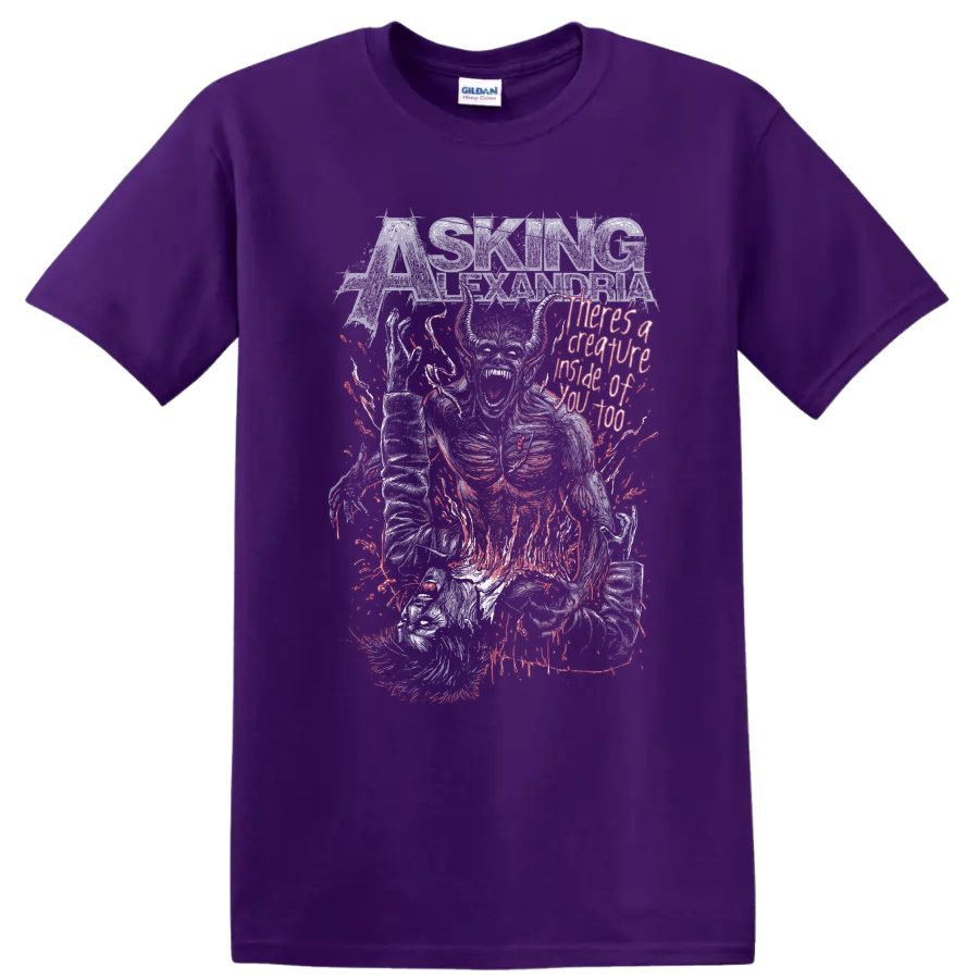 Asking Alexandria Creature distressed metal graphic with skeletal figure on a Purple T Shirt