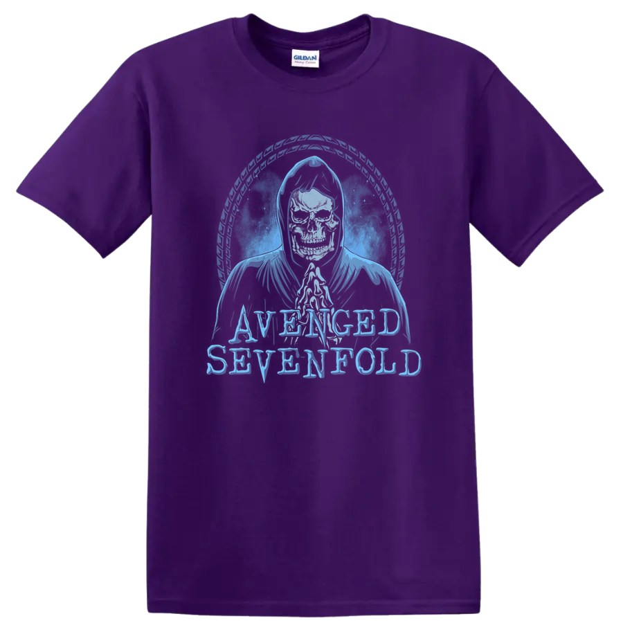Avenged Sevenfold hooded skeleton with circular feather frame and distressed lettering on a Purple T Shirt