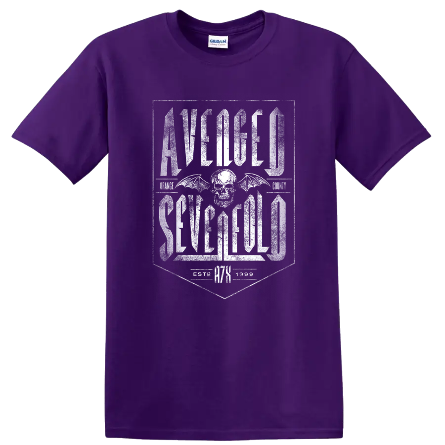 Avenged Sevenfold distressed lettering with winged skull emblem on a Purple T Shirt