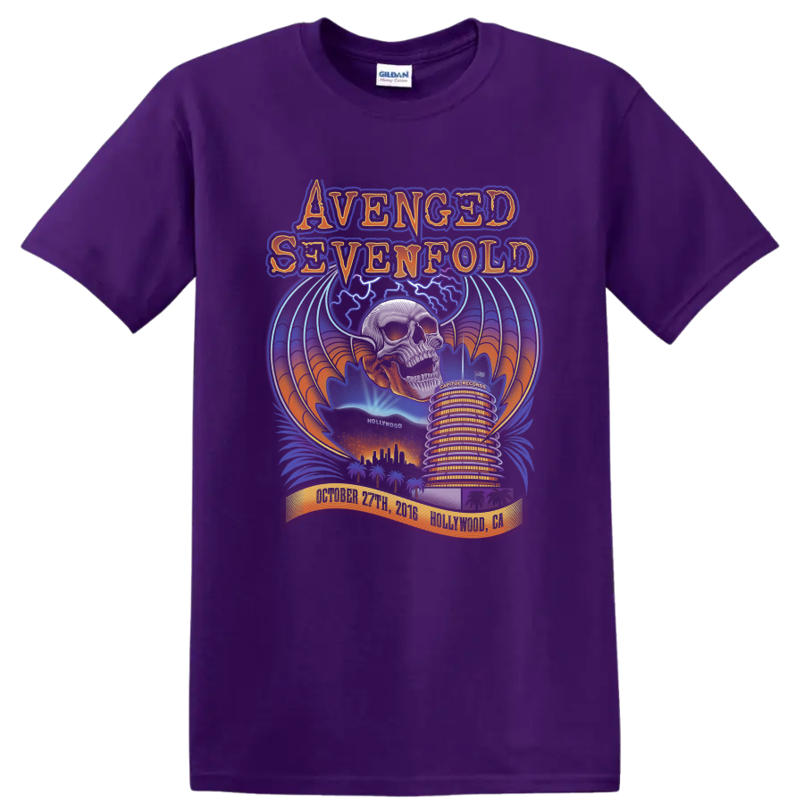 Avenged Sevenfold Deathbat skull and wings over a colorful Hollywood concert poster scene on a Purple T Shirt