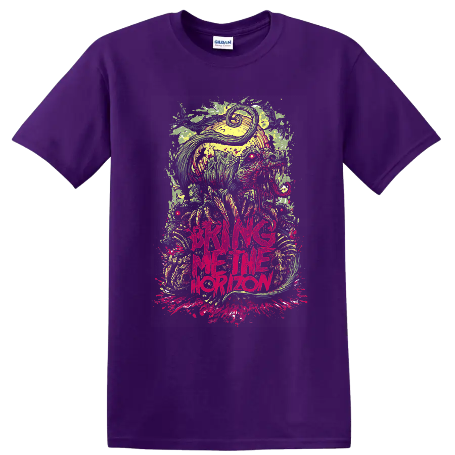 Bring Me the Horizon psychedelic creature artwork with neon splatters and distressed text on a Purple T Shirt