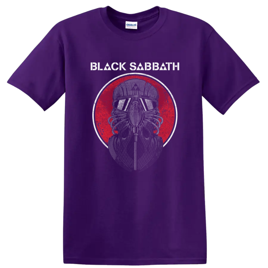 Black Sabbath helmeted skull graphic with goggles and distressed red circle on a Purple T Shirt