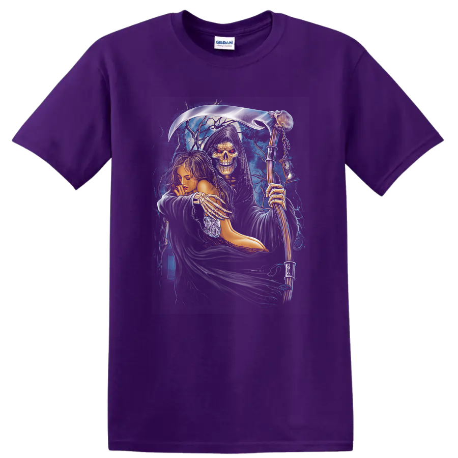 Hekate-inspired gothic skeleton reaper and goddess with scythe and lightning on a Purple T Shirt