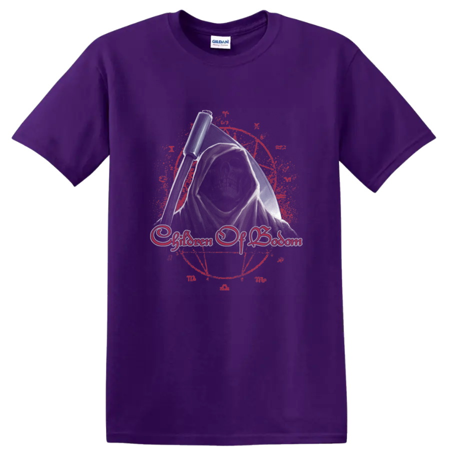Children of Bodom hooded grim reaper with scythe and distressed gothic emblem on a Purple T Shirt