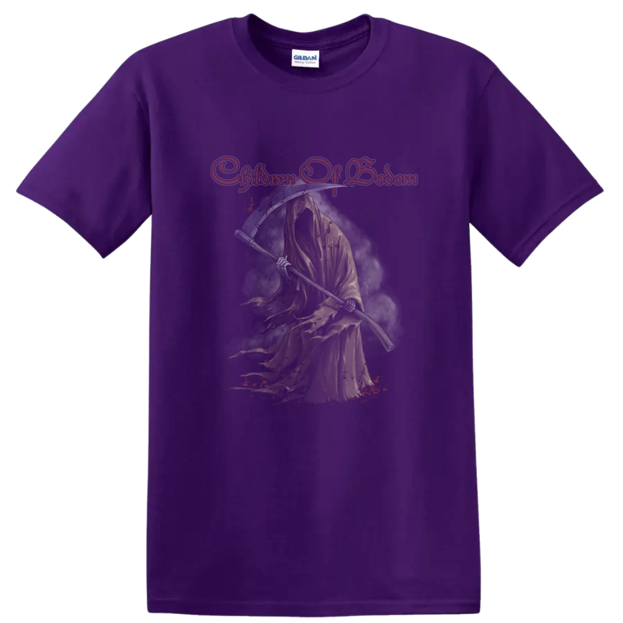 Children of Bodom Roy Grim Reaper with scythe and distressed orange script on a Purple T Shirt