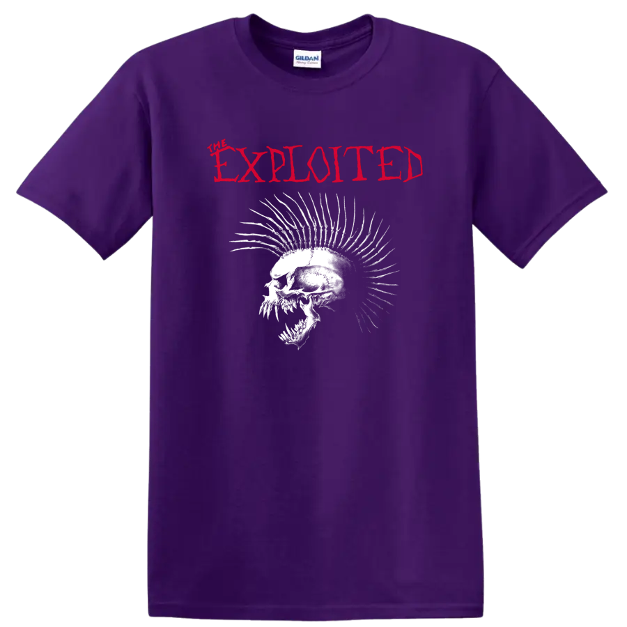 The Exploited distressed red logo above a white spiked skull punk graphic on a Purple T Shirt
