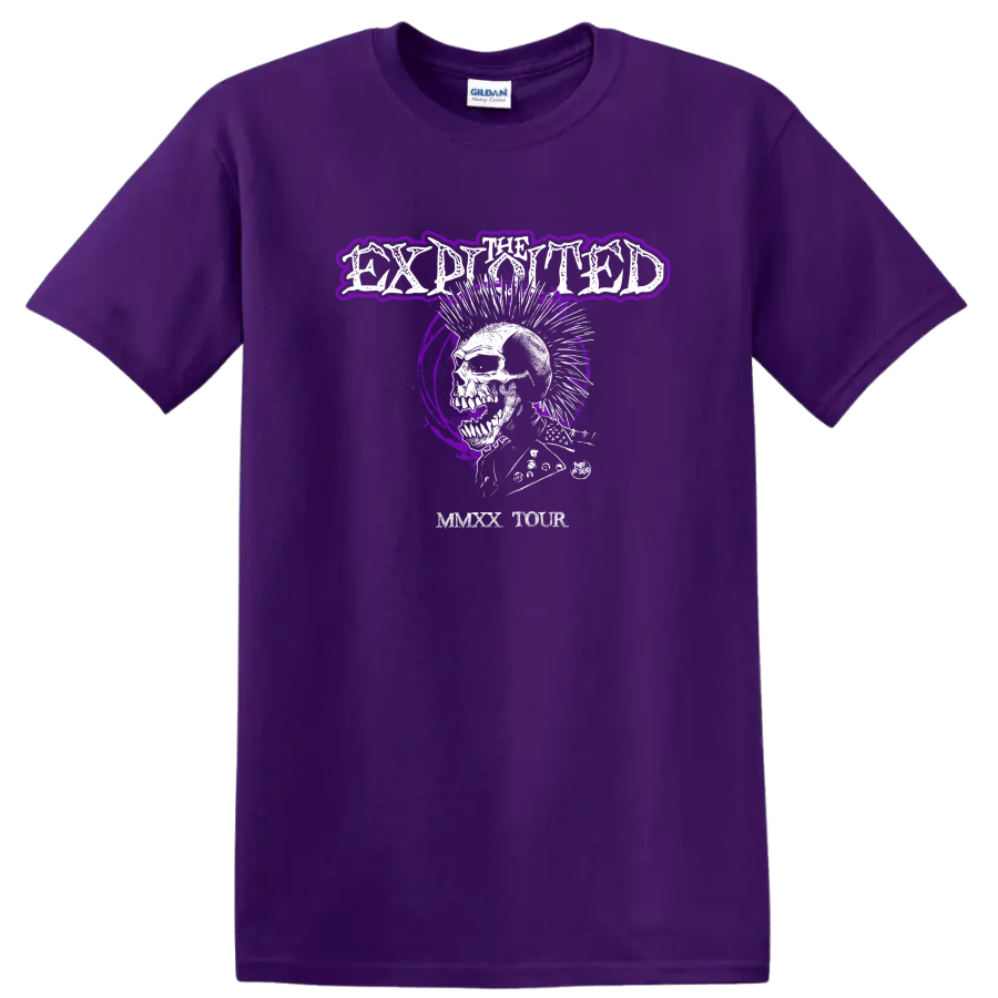 The Exploited distressed skull graphic with purple splatter punk rock artwork on a Purple T Shirt