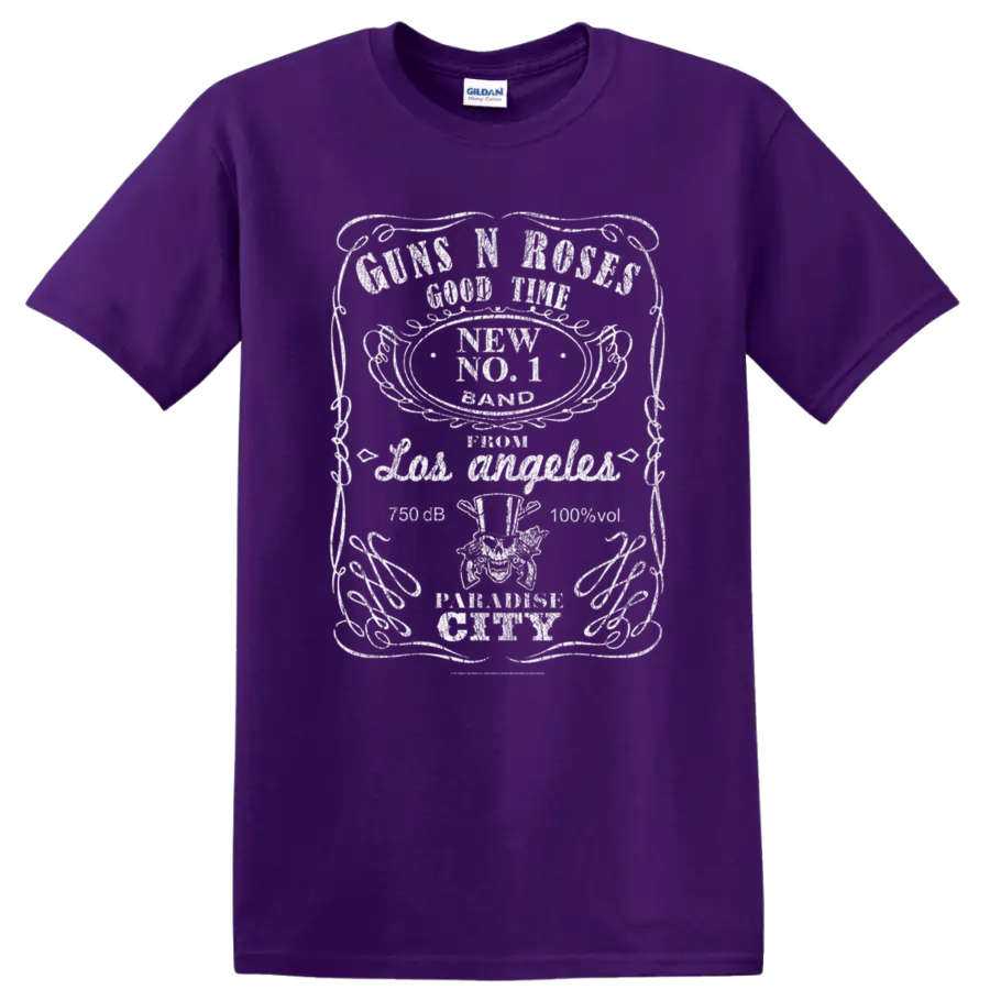 Guns N' Roses distressed rock band emblem graphic with red accents on a Purple T Shirt
