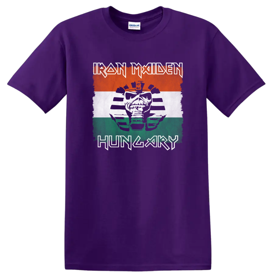 Iron Maiden Eddie face with distressed orange, white, and green tricolor logo art on a Purple T Shirt