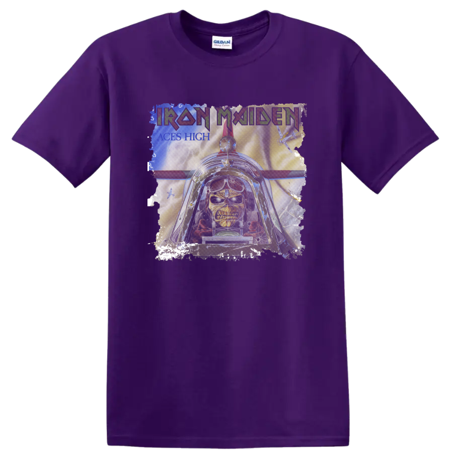 Iron Maiden Aces High Eddie distressed cockpit and fighter plane graphic on a Purple T Shirt