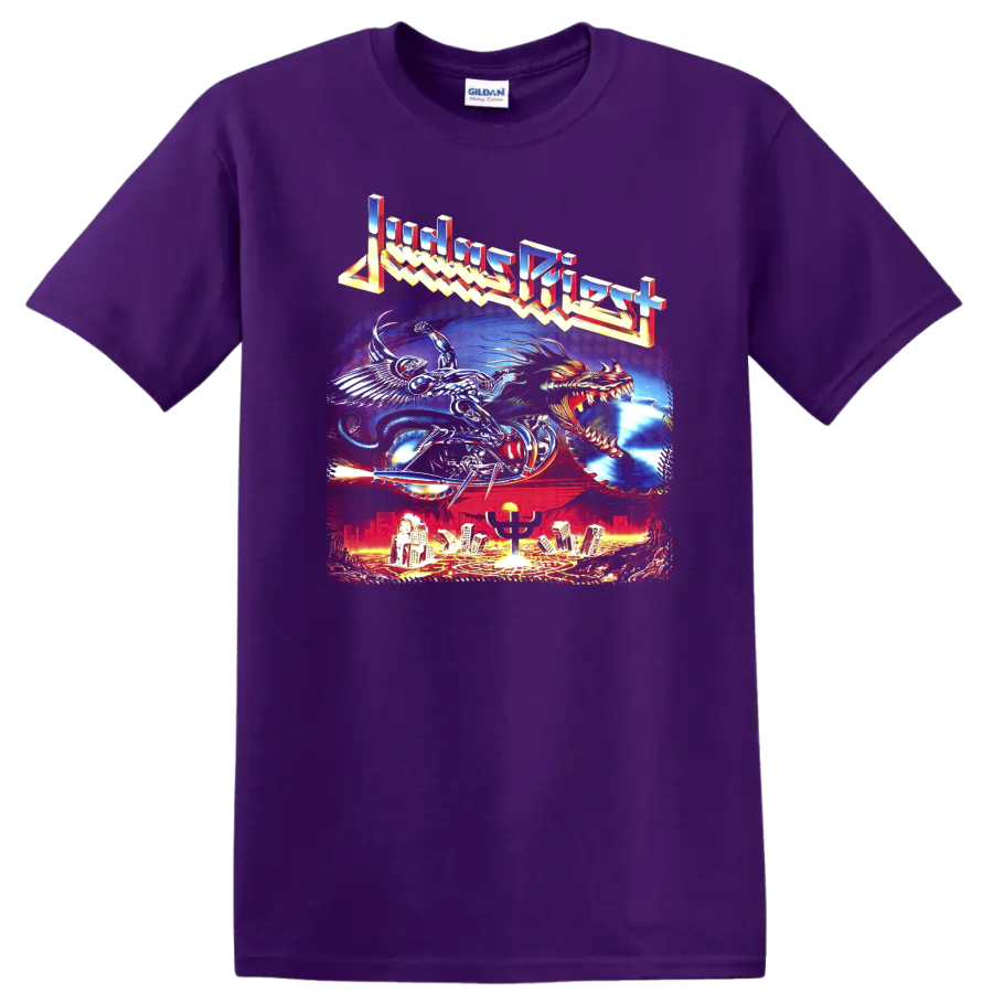 Judas Priest Painkiller fantasy metal artwork with chrome rider, dragon, and city skyline on a Purple T Shirt