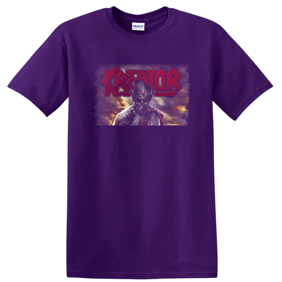 Kreator red logo with fiery central figure in distressed thrash metal artwork on a Purple T Shirt
