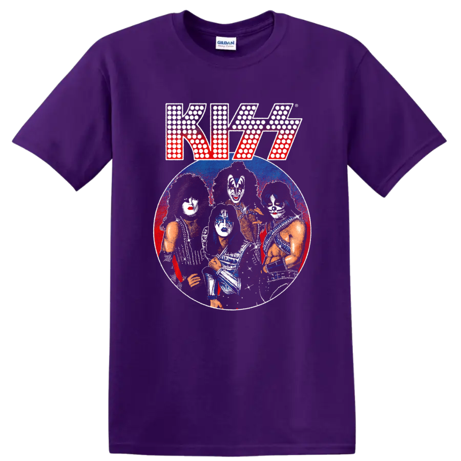 Distressed KISS band portrait with stage makeup in a red and blue circular graphic on a Purple T Shirt