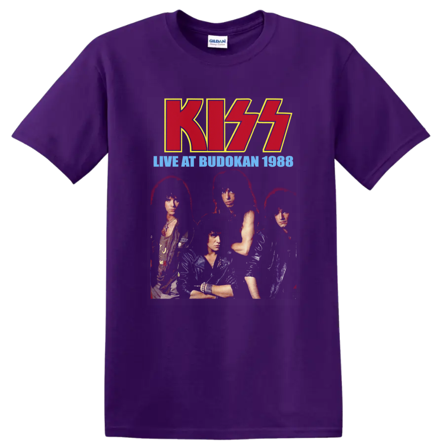 KISS Live at Budokan 1988 vintage concert portrait with red logo and blue text on a Purple T Shirt