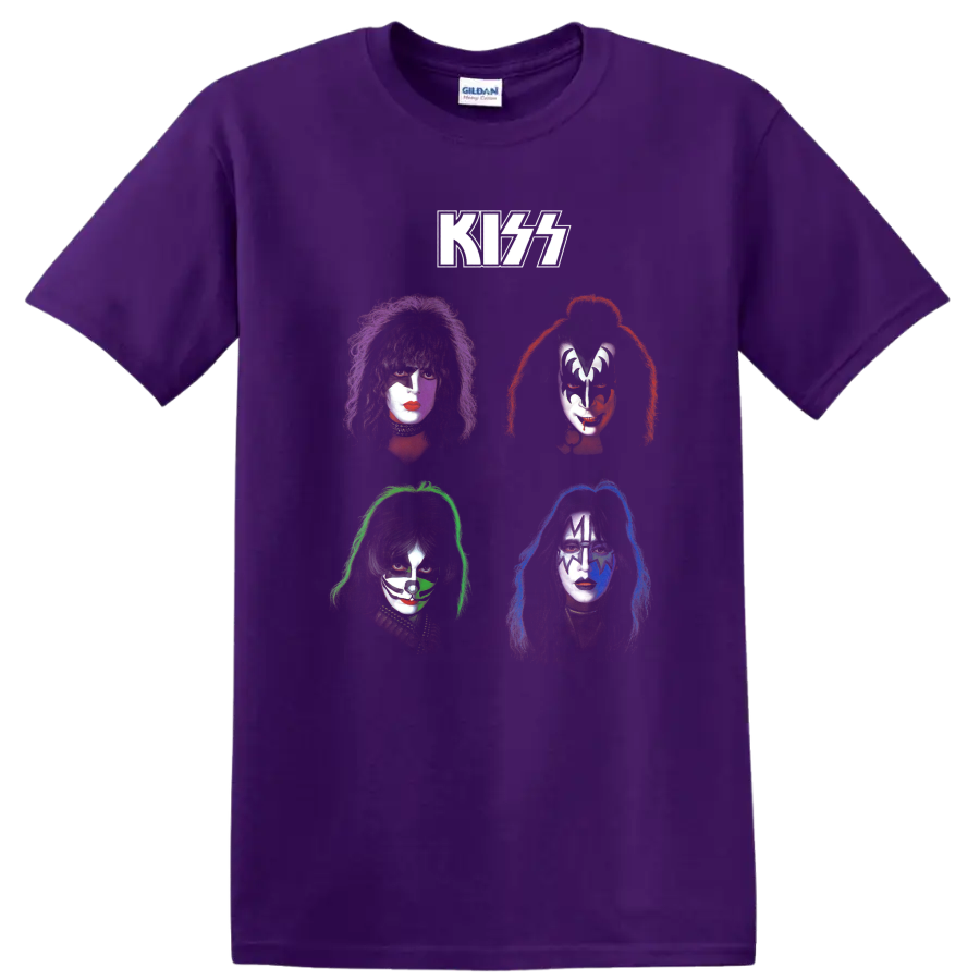 KISS Rock and Roll Over inspired four face-paint portraits in a vintage graphic on a Purple T Shirt