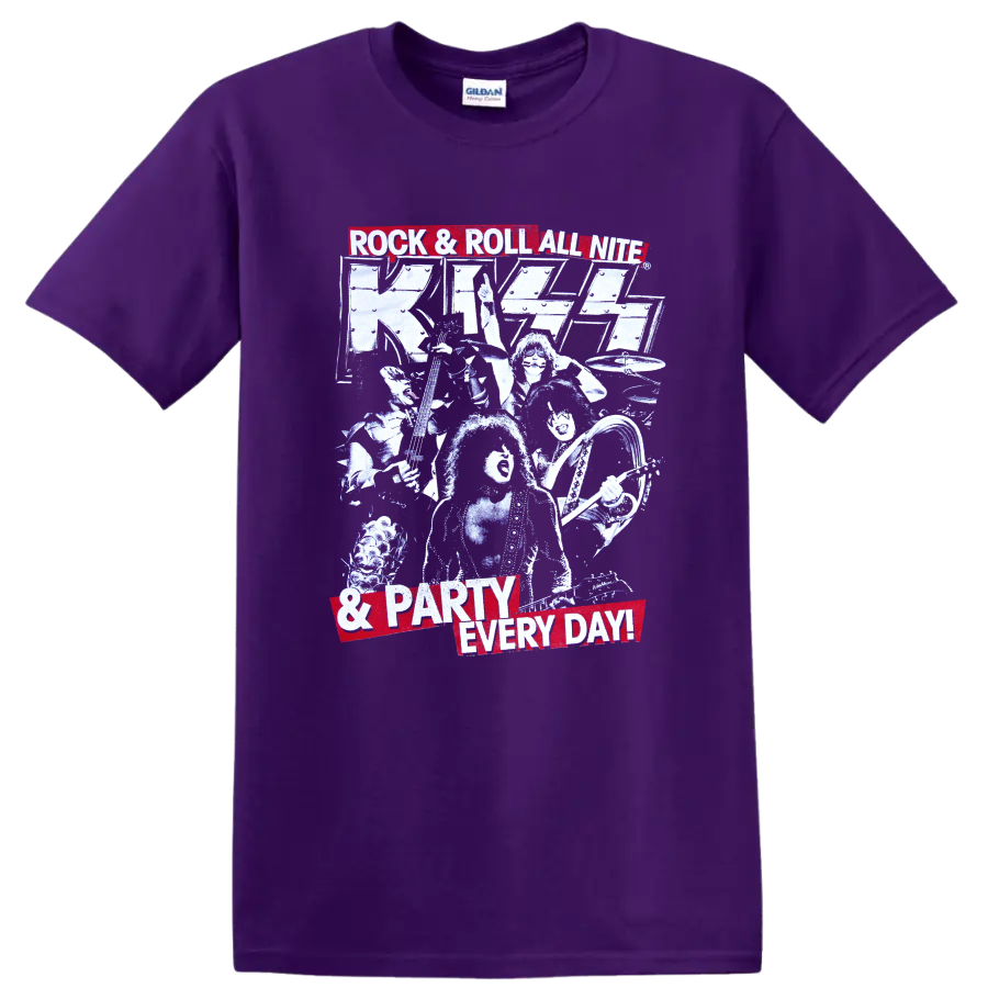 KISS Rock and Roll All Nite retro concert graphic with performers, guitars and drums on a Purple T Shirt