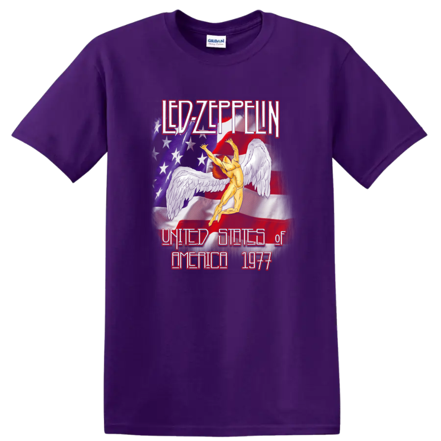 Led Zeppelin 1977 US tour Icarus figure with distressed American flag artwork on a Purple T Shirt