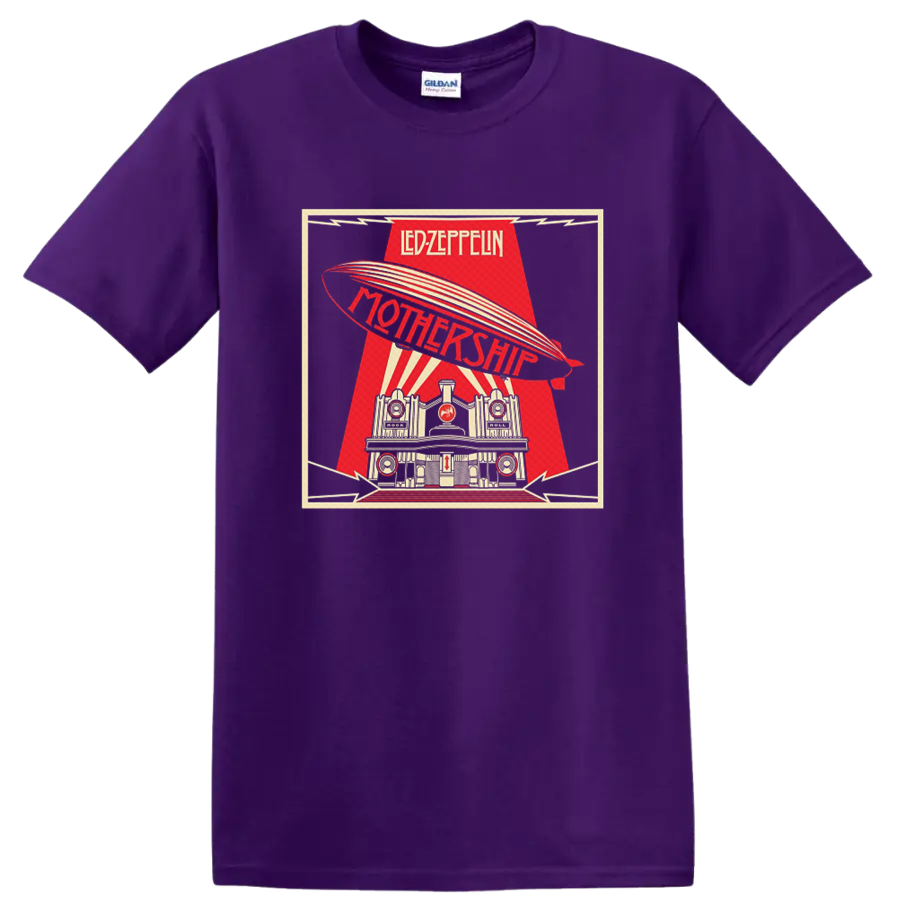 Led Zeppelin Mothership retro poster with airship, rays, and architectural scene on a Purple T Shirt