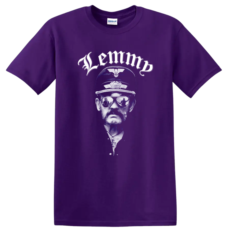 Motörhead Lemmy Kilmister blue and white portrait with cap and mirrored shades on a Purple T Shirt